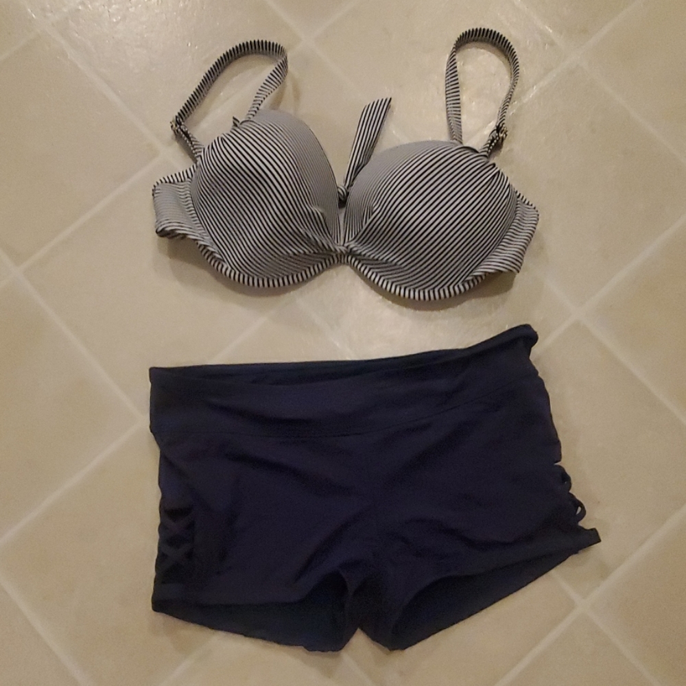 Navy and White Striped Shorts Bikini